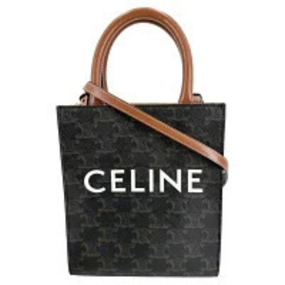 Celine Vertical Cabas Shoulder Bag Handbag Crossbody Leather Canvas Tan Brown